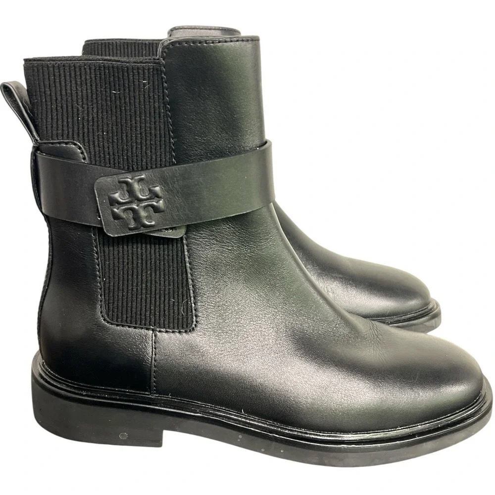 Tory Burch Double T Chelsea Boots Womens 8 Black Leather Ankle Pull On 8913